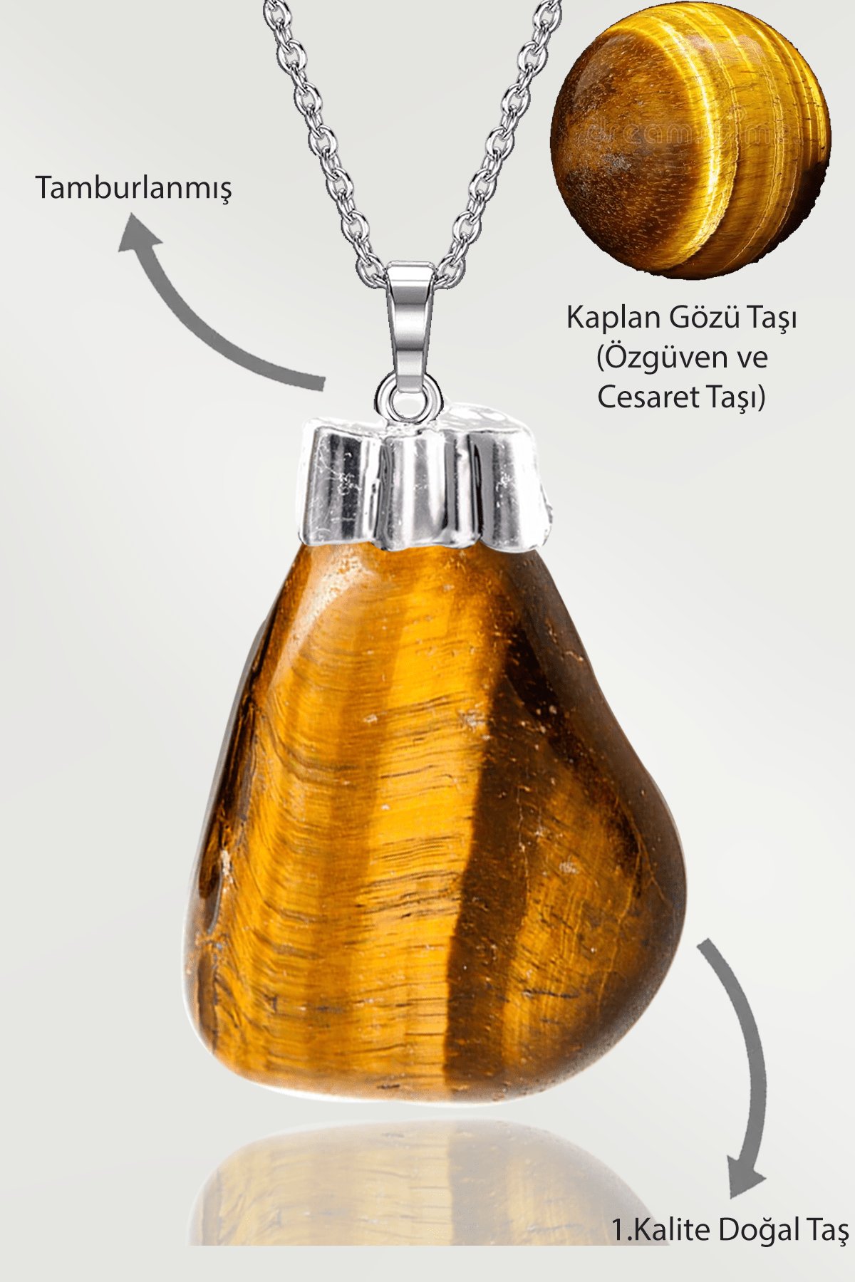 Sertifikalı Tamburlanmış Gerçek Kaplan Gözü Taşı Kolye