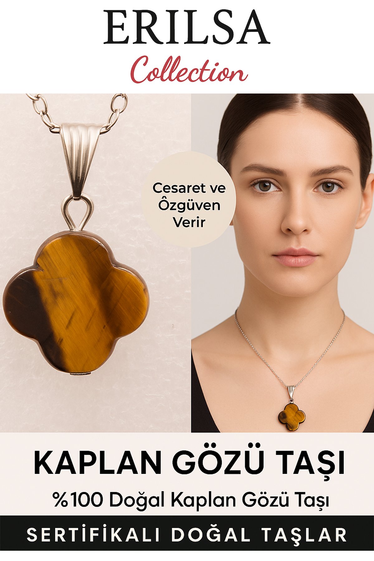 Sertifikalı Yonca Kesim Kaplan Gözü Doğal Taş Kolye – Cesaret Özgüven ve Başarı Taşı