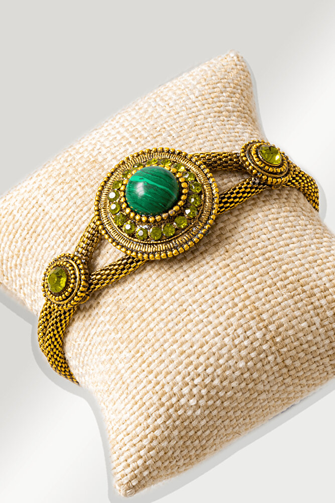 Sertifikalı Zebercet İşlemeli Model Malahit Taşı Bileklik - Ayarlamalı