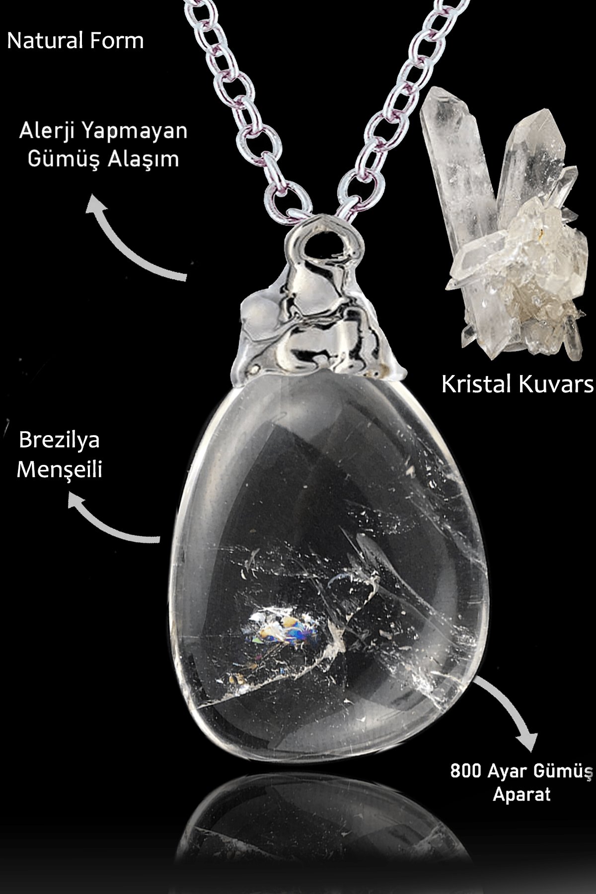 Sertifikalı Tamburlanmış Gerçek Kristal Kuvars Taşı Kolye