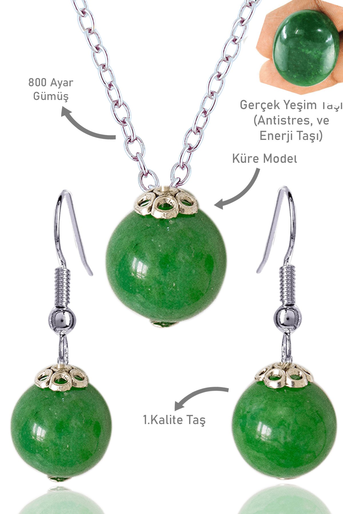 Sertifikalı Küre Orijinal Yeşim Taşı Kolye ve Küpe Seti - Gümüş Aparatlı