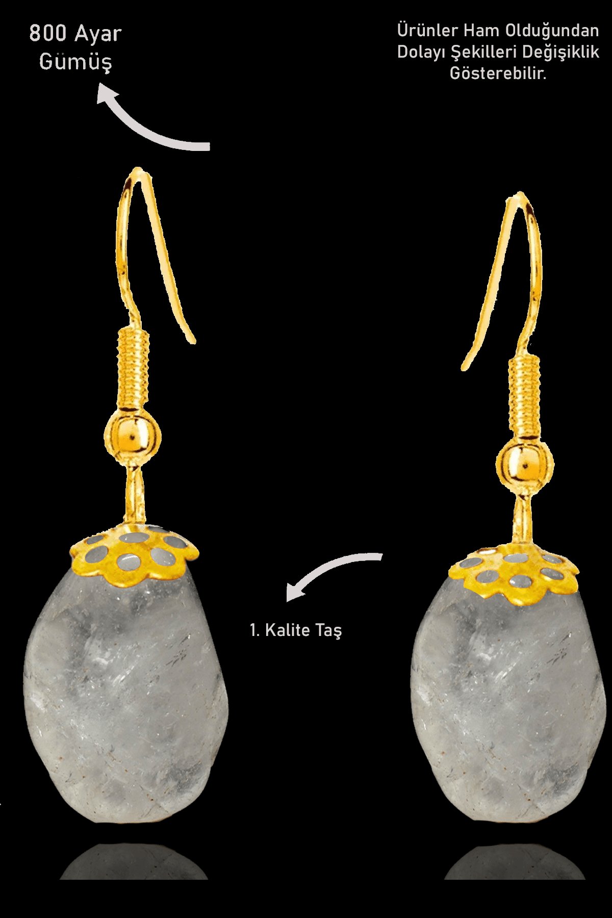 Sertifikalı Amorf Model Ham Kristal Kuvars Taşı Küpe - Gold Renkli