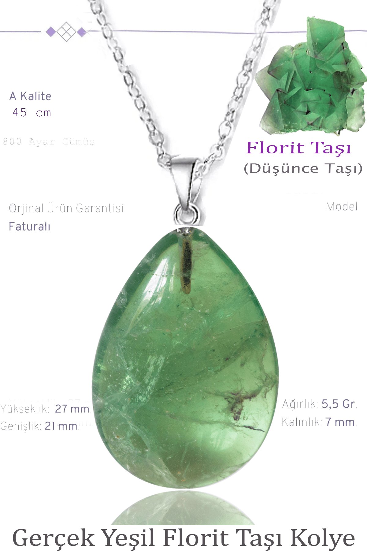 Sertifikalı Damla Model Yeşil Florit Taşı Kolye - Gümüş Aparatlı