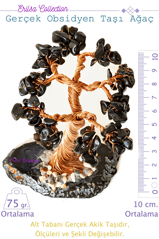 Sertifikalı Gerçek Obsidyen Taşı Ağaç - Akik Plakalı