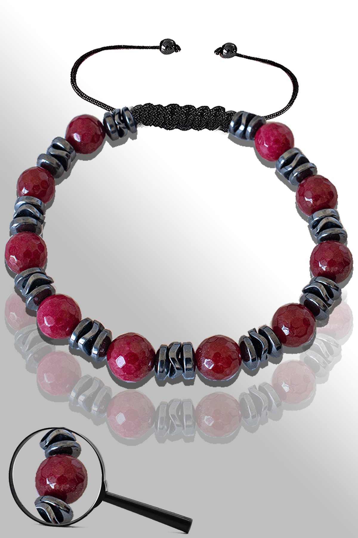 Sertifikalı Silver Hematitli Doğal Fasetli Kırmızı Akik Taşı Bileklik - Ayarlamalı