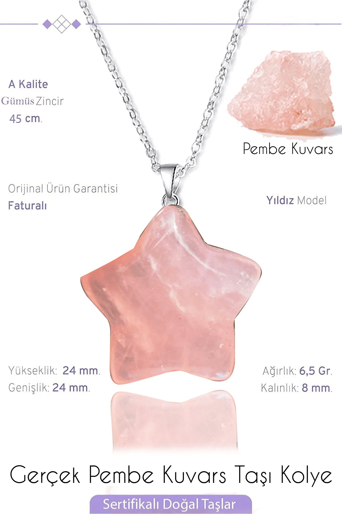Sertifikalı Gerçek Yıldız Model Pembe Kuvars Taşı Kolye - Gümüş Aparatlı