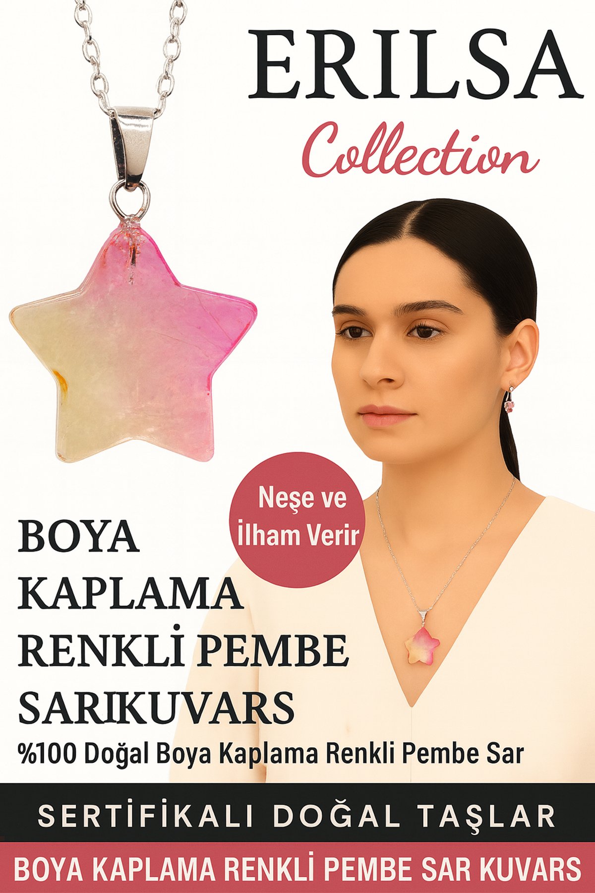 Sertifikalı Yıldız Model Pembe Sarı Kuvars Doğal Taş Kolye – Neşe ve İlham Taşı