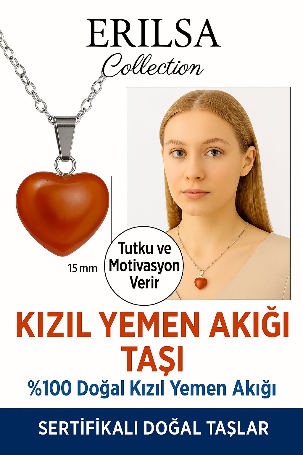 Sertifikalı Kalp Model Kızıl Yemen Akiği Kolye – Nazar ve Stresi Önleyen Doğal Taş