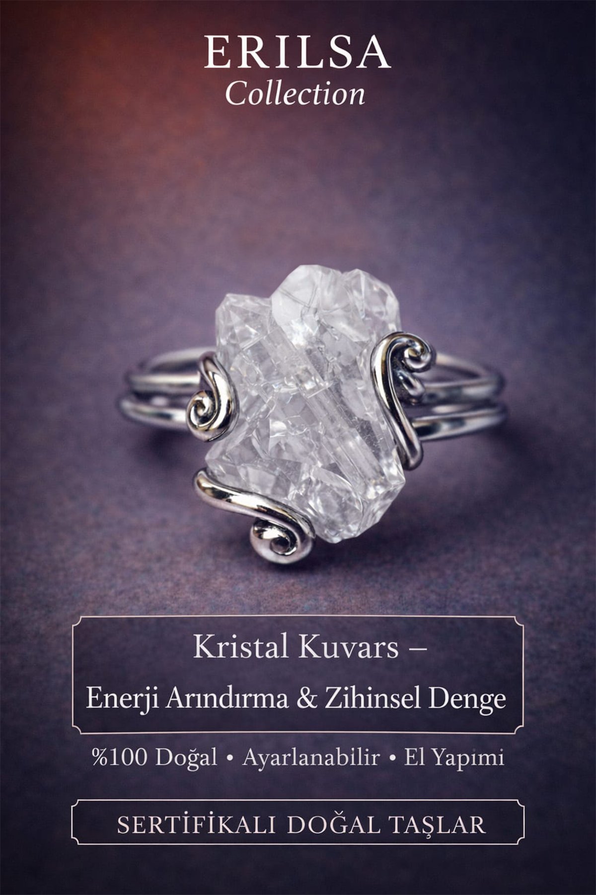 Sertifikalı Enerji Arındırma ve Zihinsel Denge Yüzüğü – Ham Kristal Kuvars Taşı – Ayarlanabilir