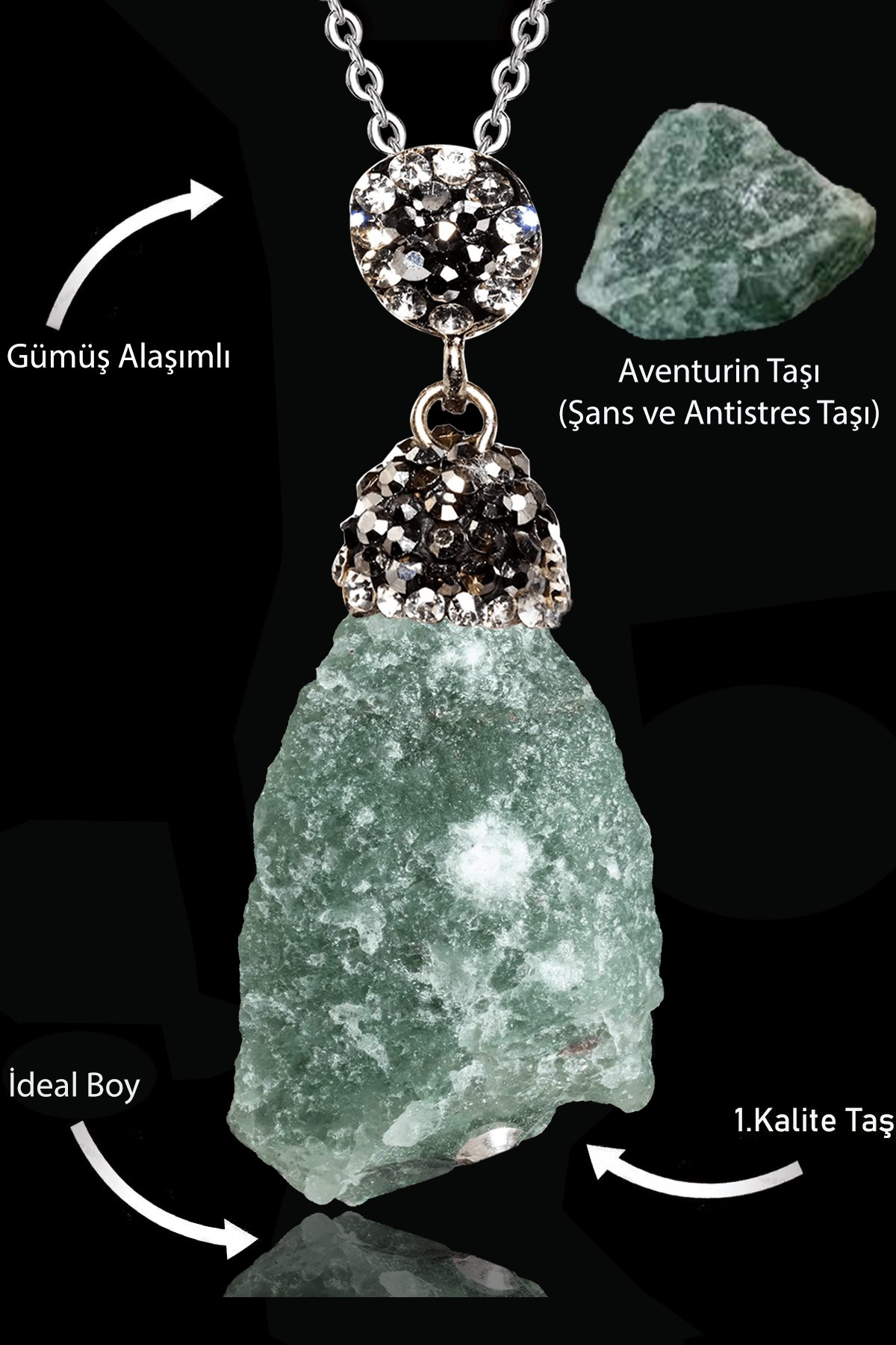 Sertifikalı Zirkon Taşlı Ham İşlenmemiş Aventurin Taşı Kolye