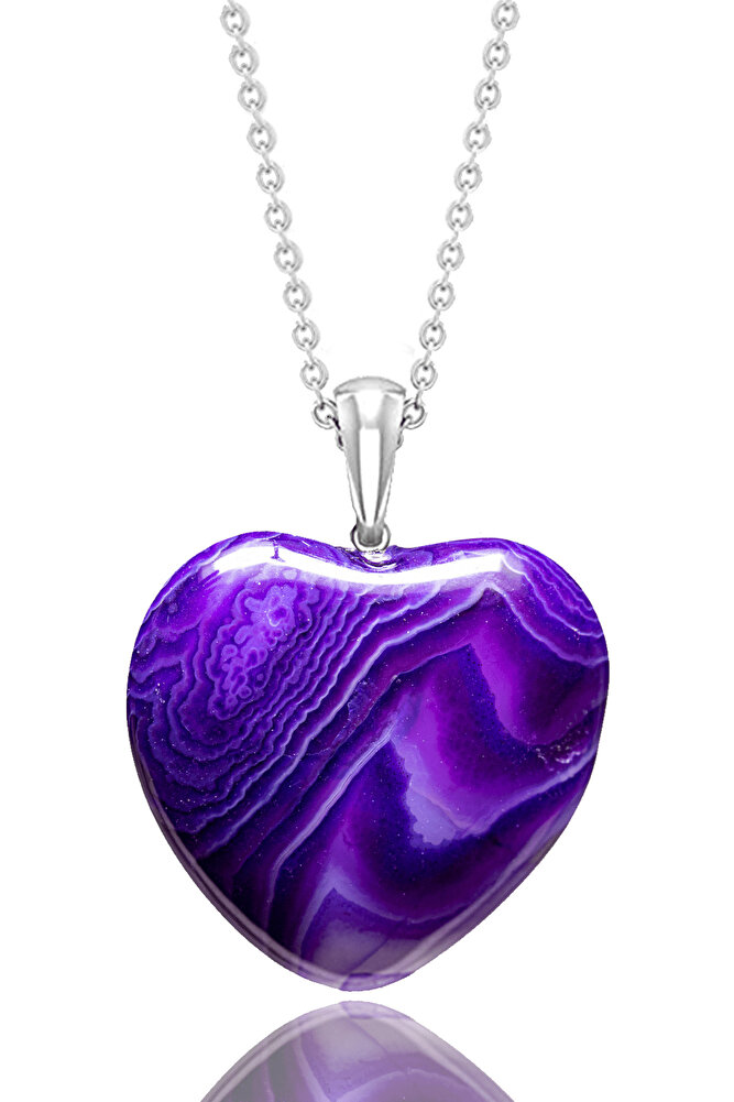 Sertifikalı Kalp Kesim Mor Akik Taşı Kolye