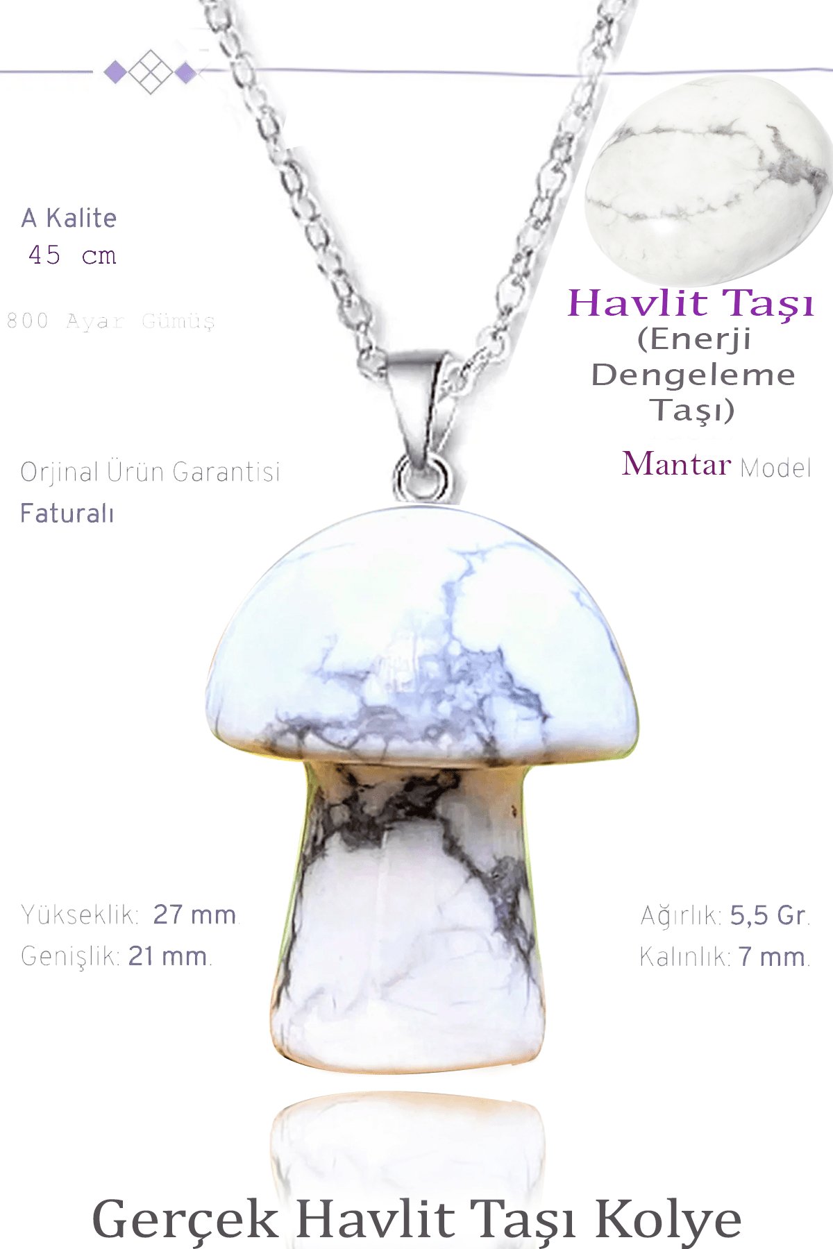 Sertifikalı Mantar Model Havlit Taşı Kolye - Gümüş Aparatlı