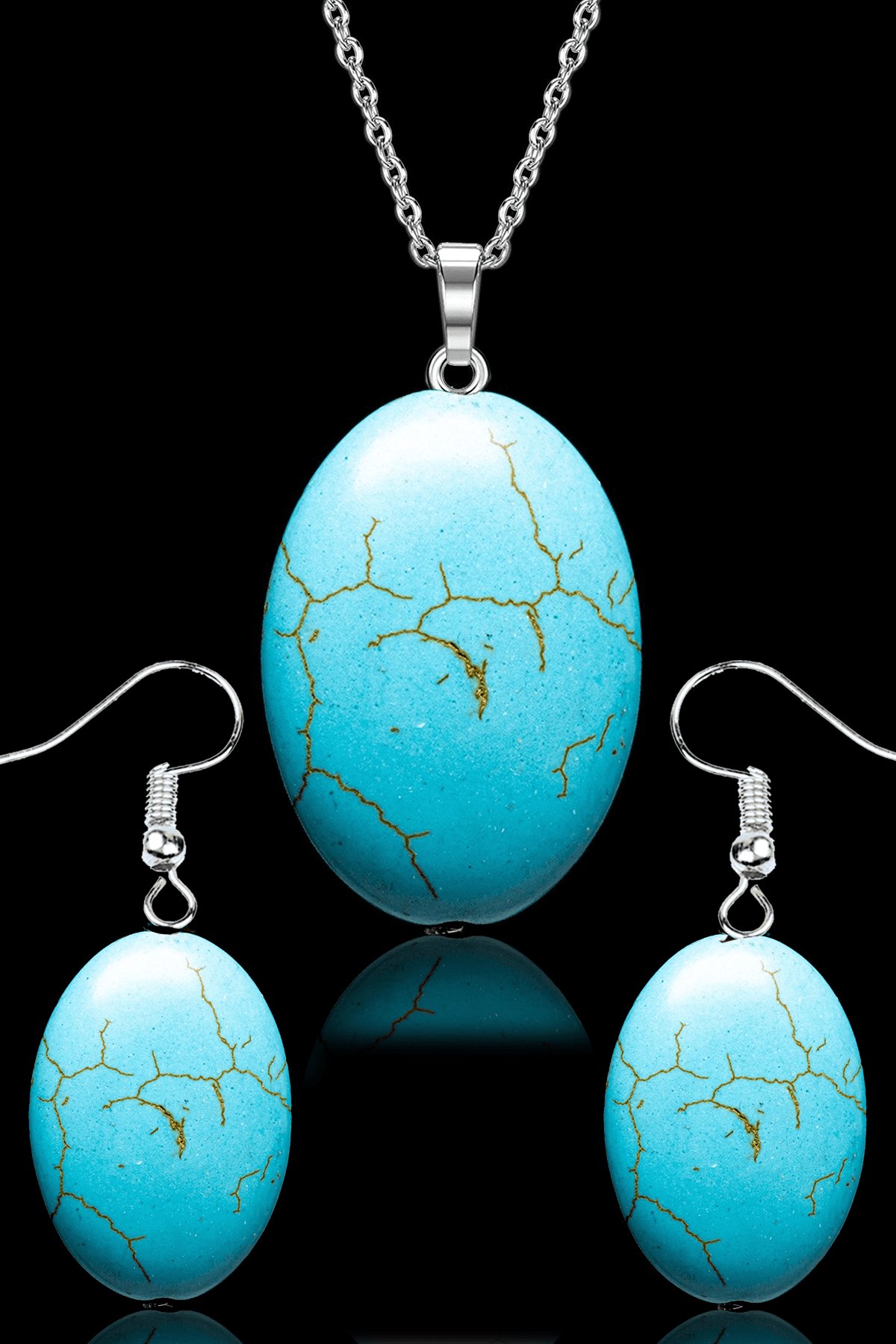 Sertifikalı Oval Model Firuze Taşı Kolye ve Küpe Seti - Gümüş Aparatlı