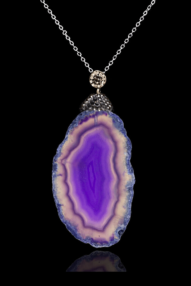 Sertifikalı Zirkon Taşlı Plaka Mor Akik Taşı Kolye