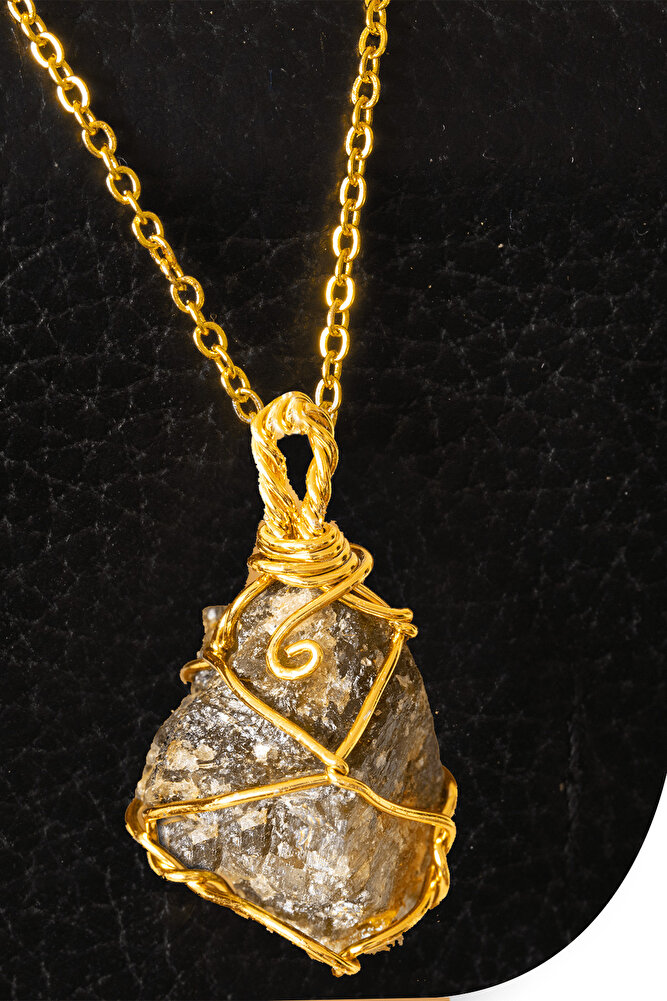 Sertifikalı Gold Tel Sargılı Ham Labradorit Taşı Kolye