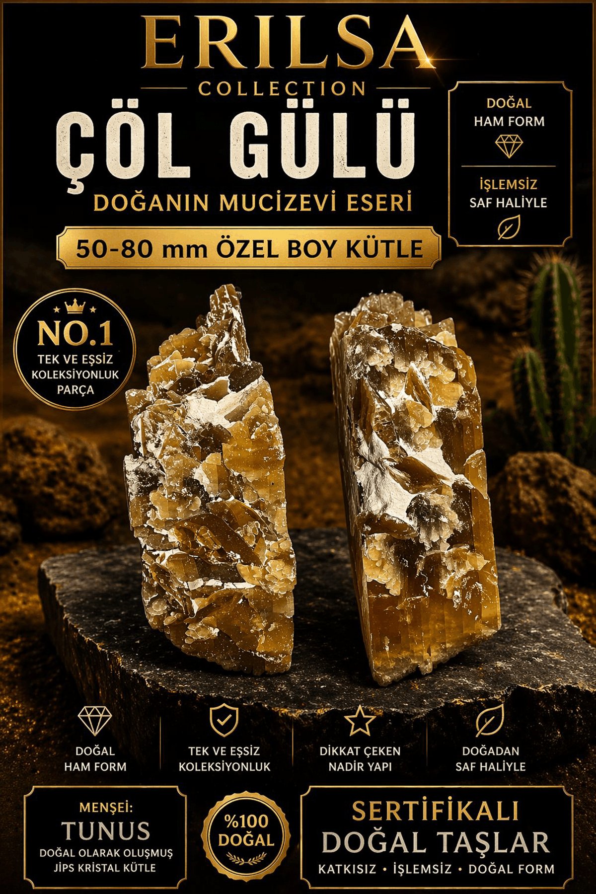 Sertifikalı Çöl Gülü Taşı Kütle - 50-70 mm Özel Boy Doğal Jips Kristal Toplu