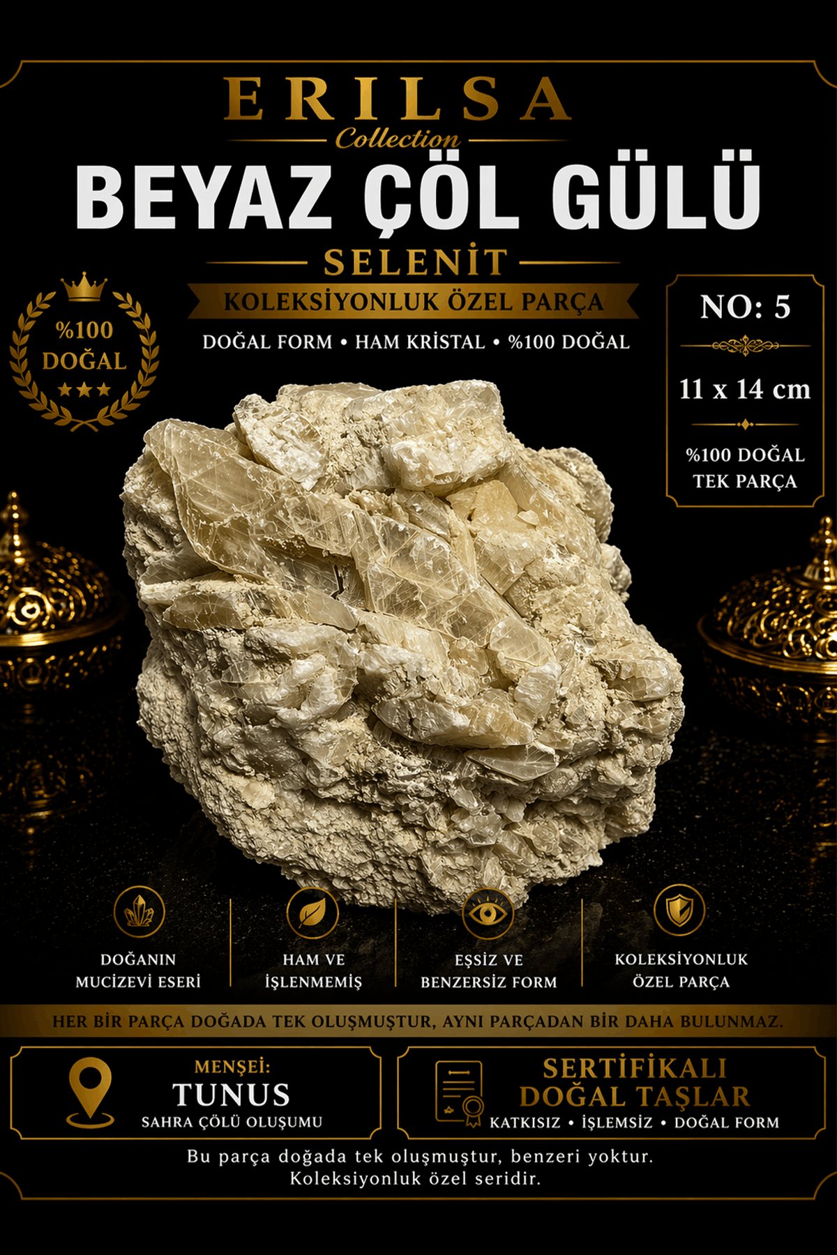 Sertifikalı Beyaz Çöl Gülü Selenit Taşı Kütle - 11x14 cm Koleksiyonluk Doğal Tek Parça