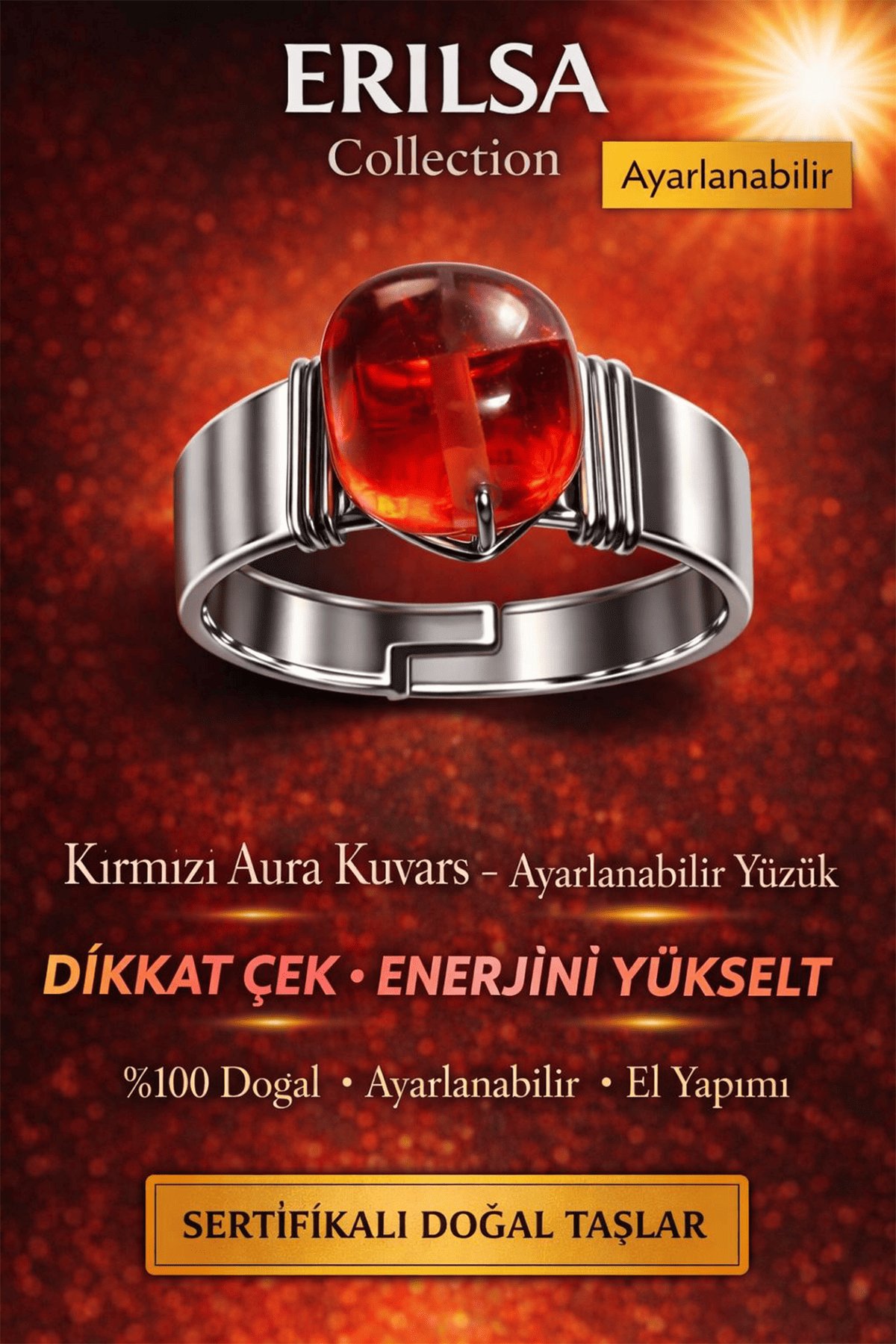 Sertifikalı Kırmızı Aura Kuvars Yüzük Doğal Taş Ayarlanabilir El Yapımı Enerji Taşı