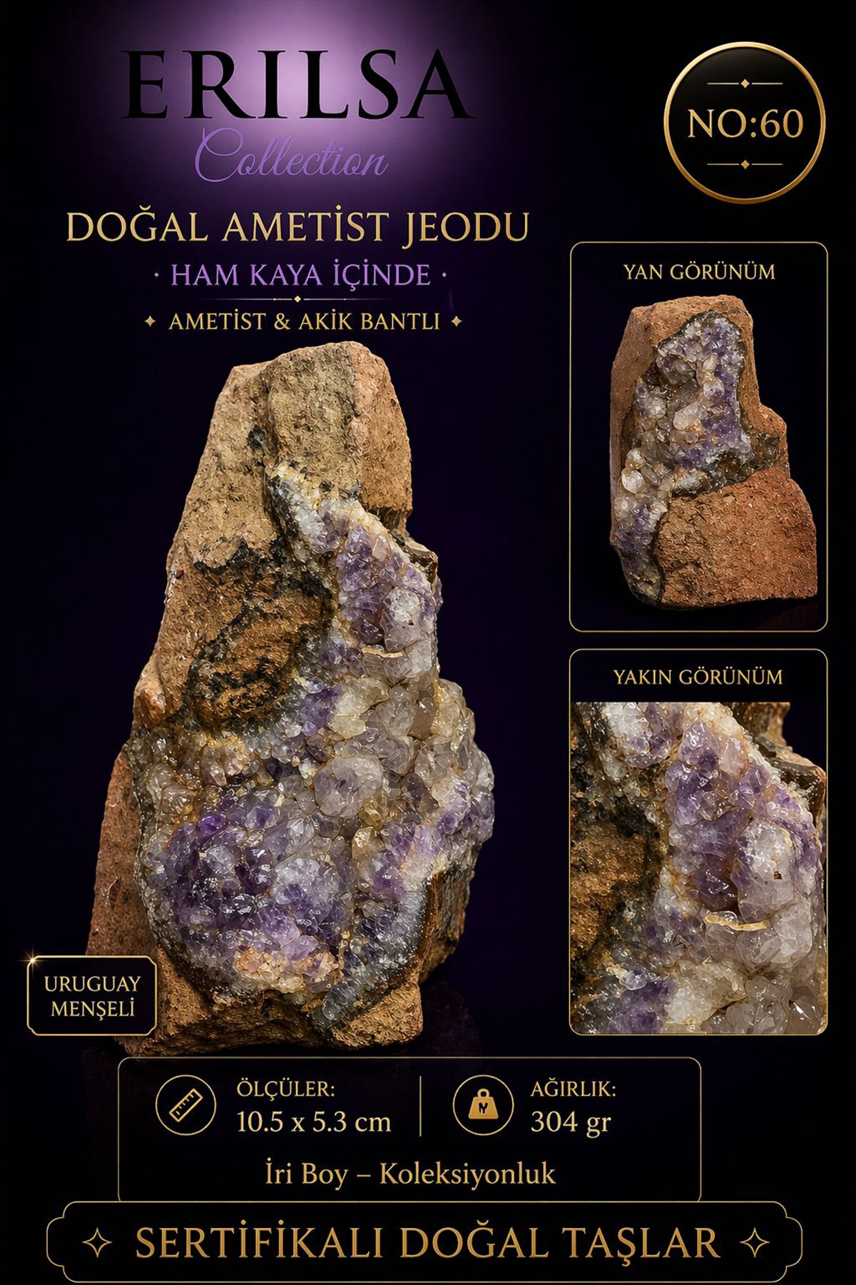Sertifikalı Doğal Ametist Jeodu Akik Bantlı Kristal Kuvars Kaya Formu NO60