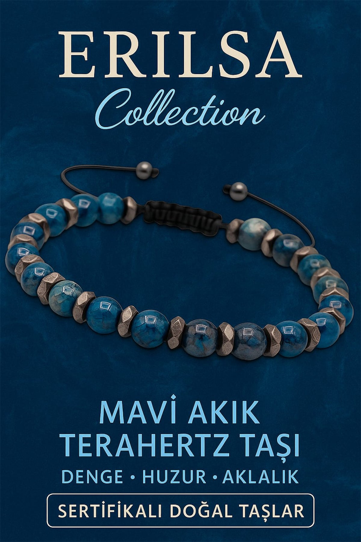 Sertifikalı Mavi Akik ve Terahertz Doğal Taş Bileklik – Zihinsel Denge ve Huzur Kaynağı
