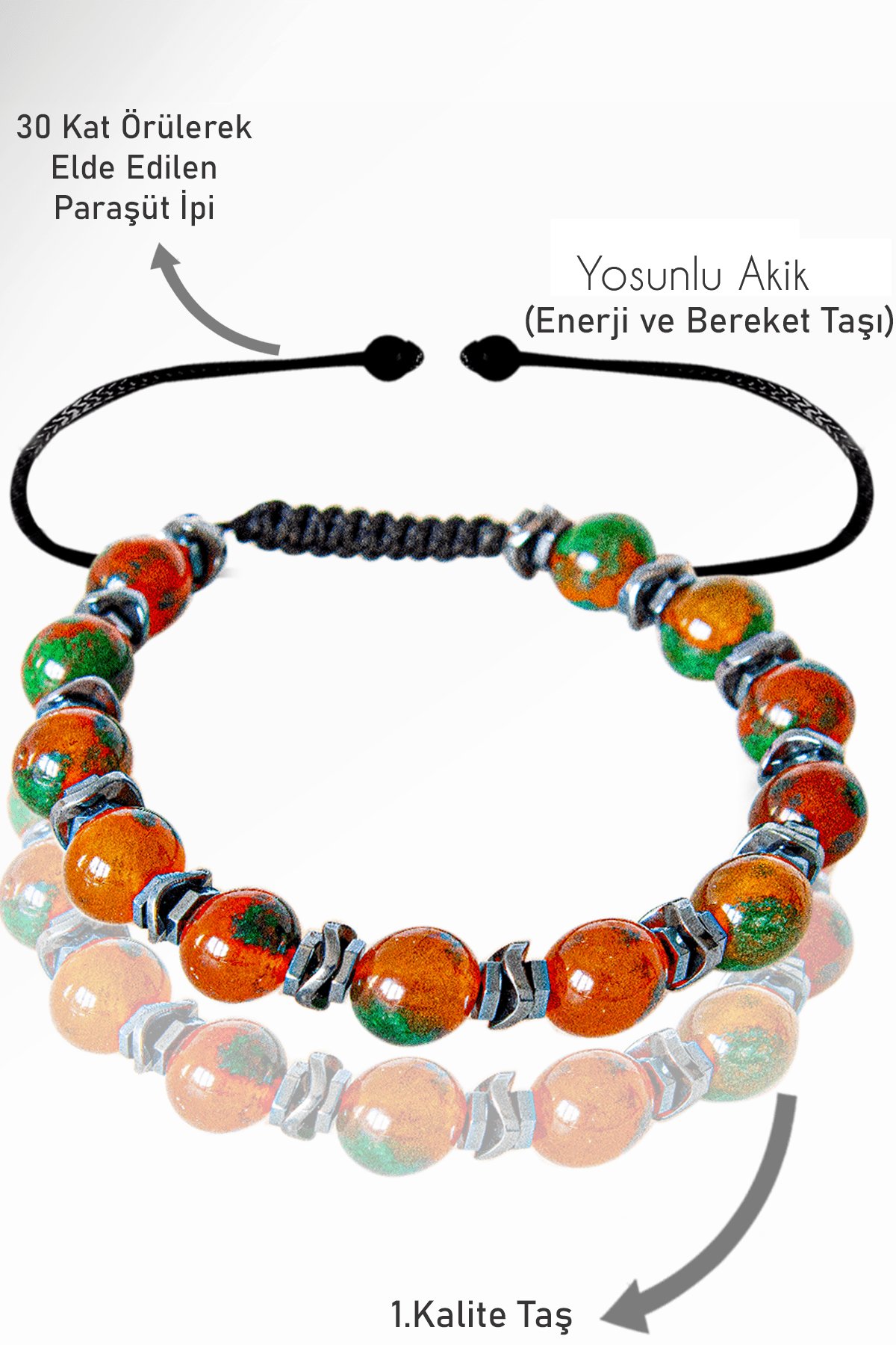 Sertifikalı Gerçek Hematit - Yosunlu Kırmızı Yeşil Akik Taşı Bileklik