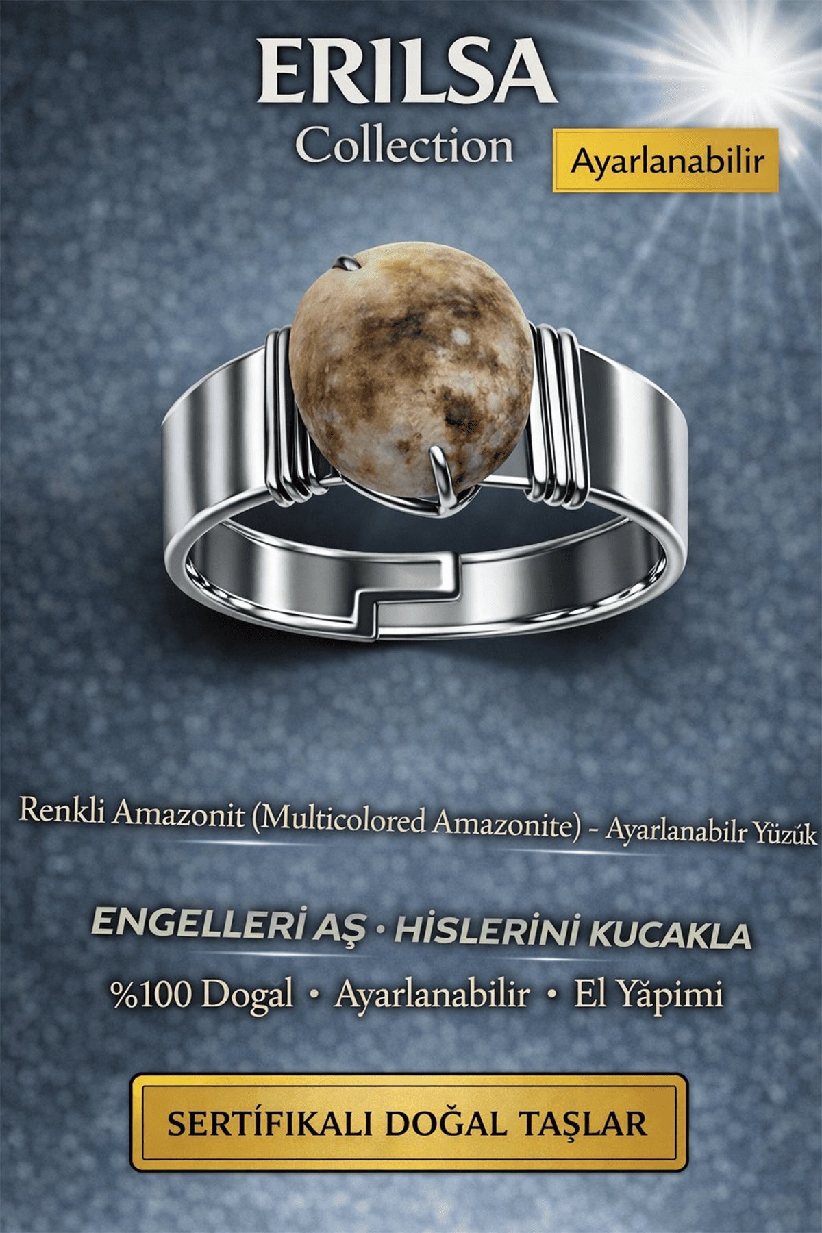 Sertifikalı Renkli Amazonit Doğal Taş Ayarlanabilir Yüzük – Enerji ve Denge Taşı El Yapımı