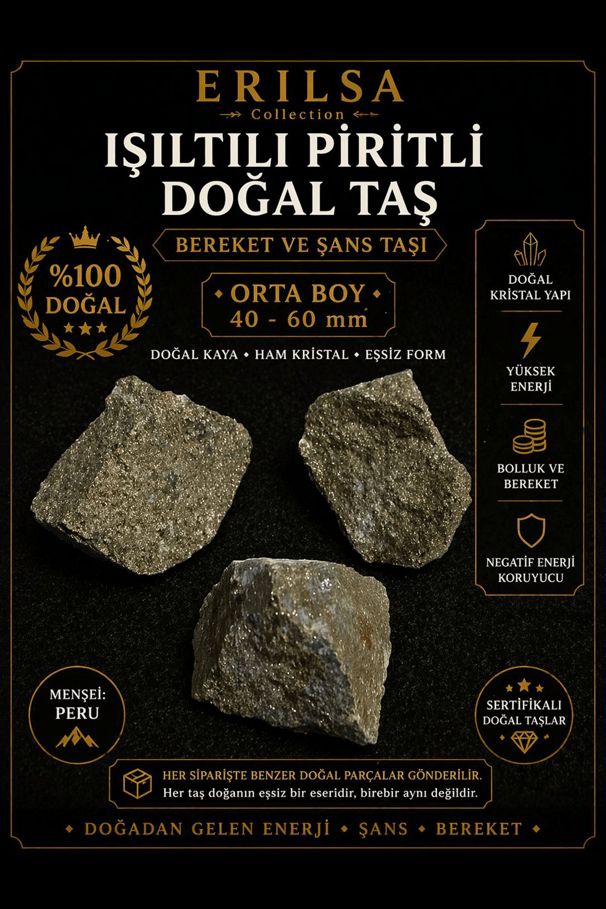 Sertifikalı Işıltılı Pirit Doğal Taş Kütle 40-60 mm Orta Boy Ham Pirit Taşı