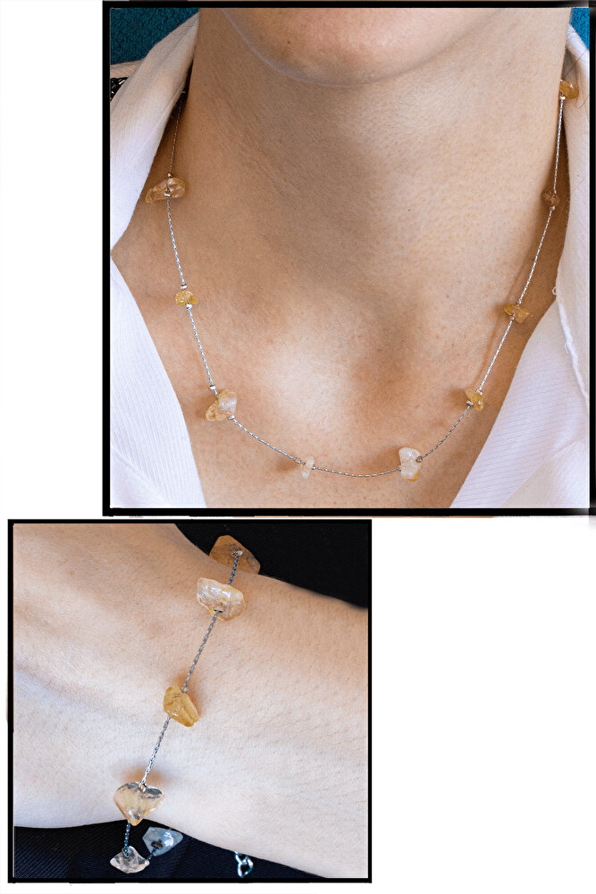 Sertifikalı Sitrin Taşlı Doğal Taş Kolye Bileklik Seti