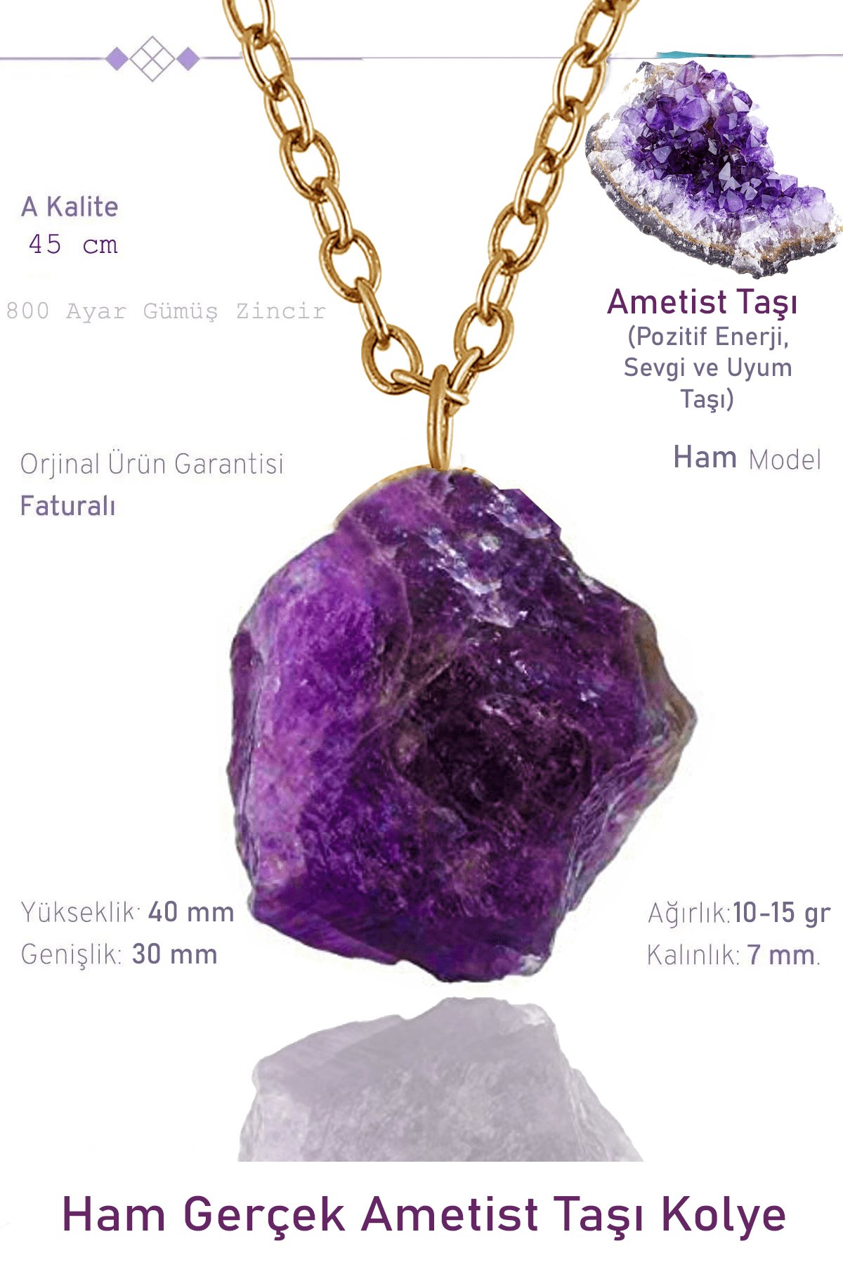 Sertifikalı Orijinal Ham İşlenmemiş Ametist  Taşı Kolye - 24k Altın Kaplama