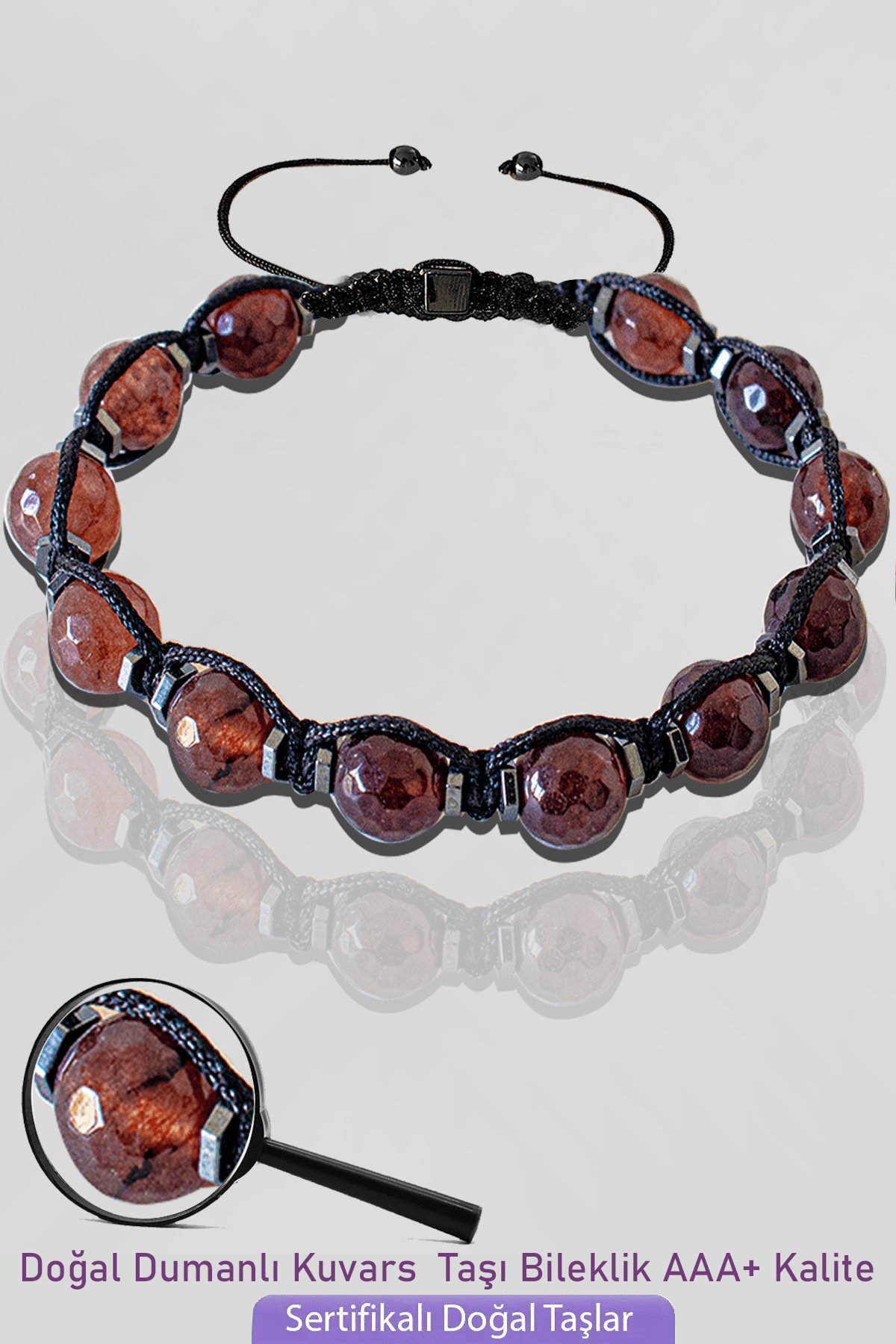 Sertifikalı Makrome Fasetli Dumanlı Kuvars Taşı Bileklik - Ayarlamalı
