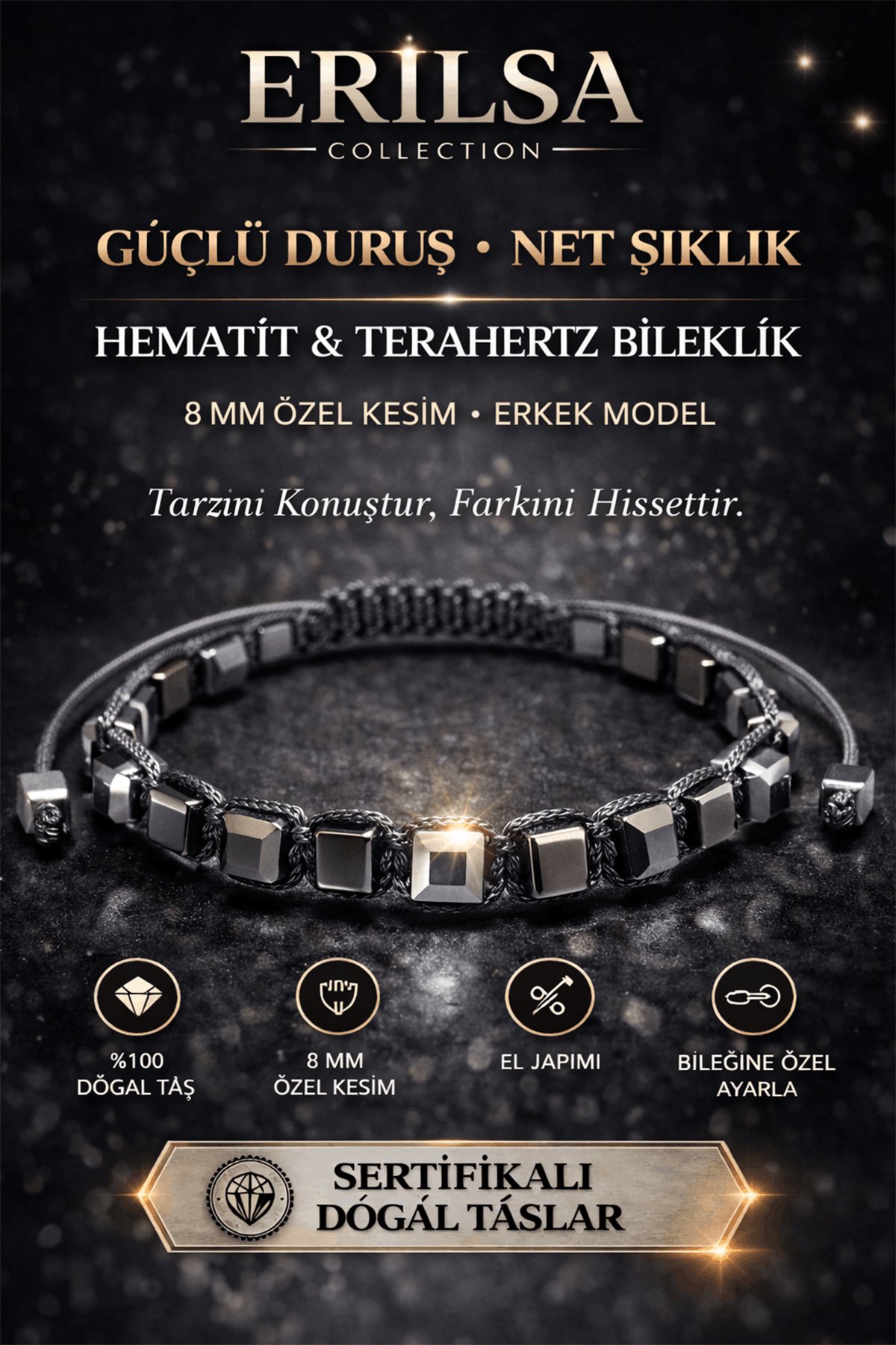 Sertifikalı Hematit Terahertz Bileklik - 8 MM Doğal Taş Unisex Ayarlanabilir Model