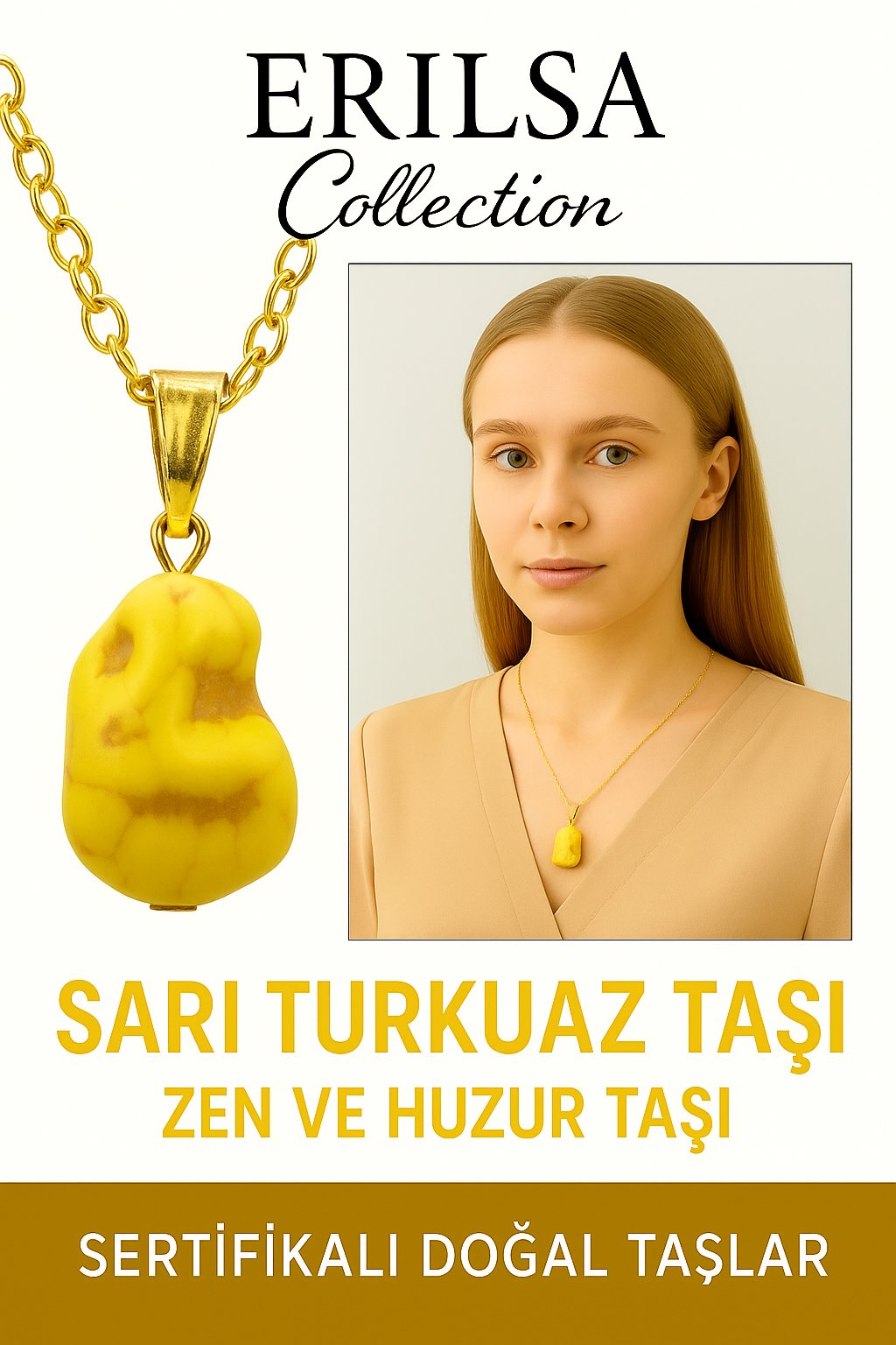 Sertifikalı Sarı Renkli Ham İşlenmemiş Sarı Turkuaz Taşı Kolye – Doğal Enerji, Şans ve Ruhsal Koruma