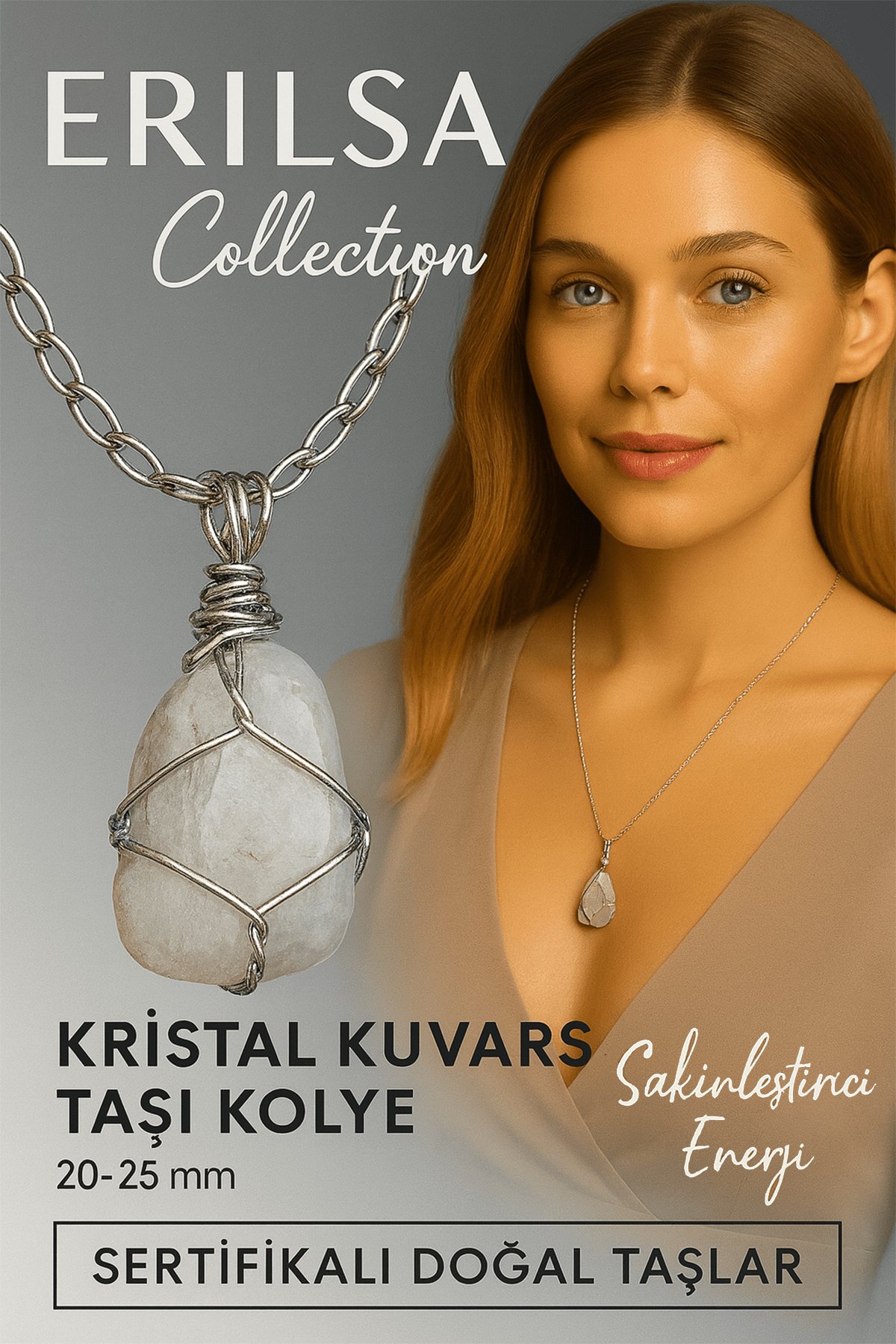 Sertifikalı Gümüş Tel Sargılı Doğal Kristal Kuvars Taşı Kolye – 25-30 mm Arınma ve Denge Taşı