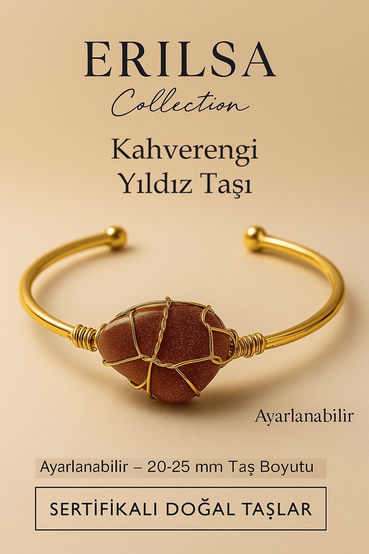 Sertifikalı Doğal Kahverengi Yıldız Taşı Ayarlanabilir 24K Altın Kaplama Bileklik 20-25 mm