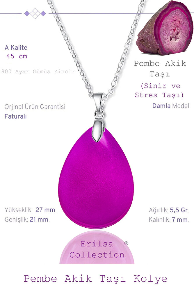 Sertifikalı Damla Model Pembe Akik Taşı Kolye (GÜMÜŞ APARATLI)