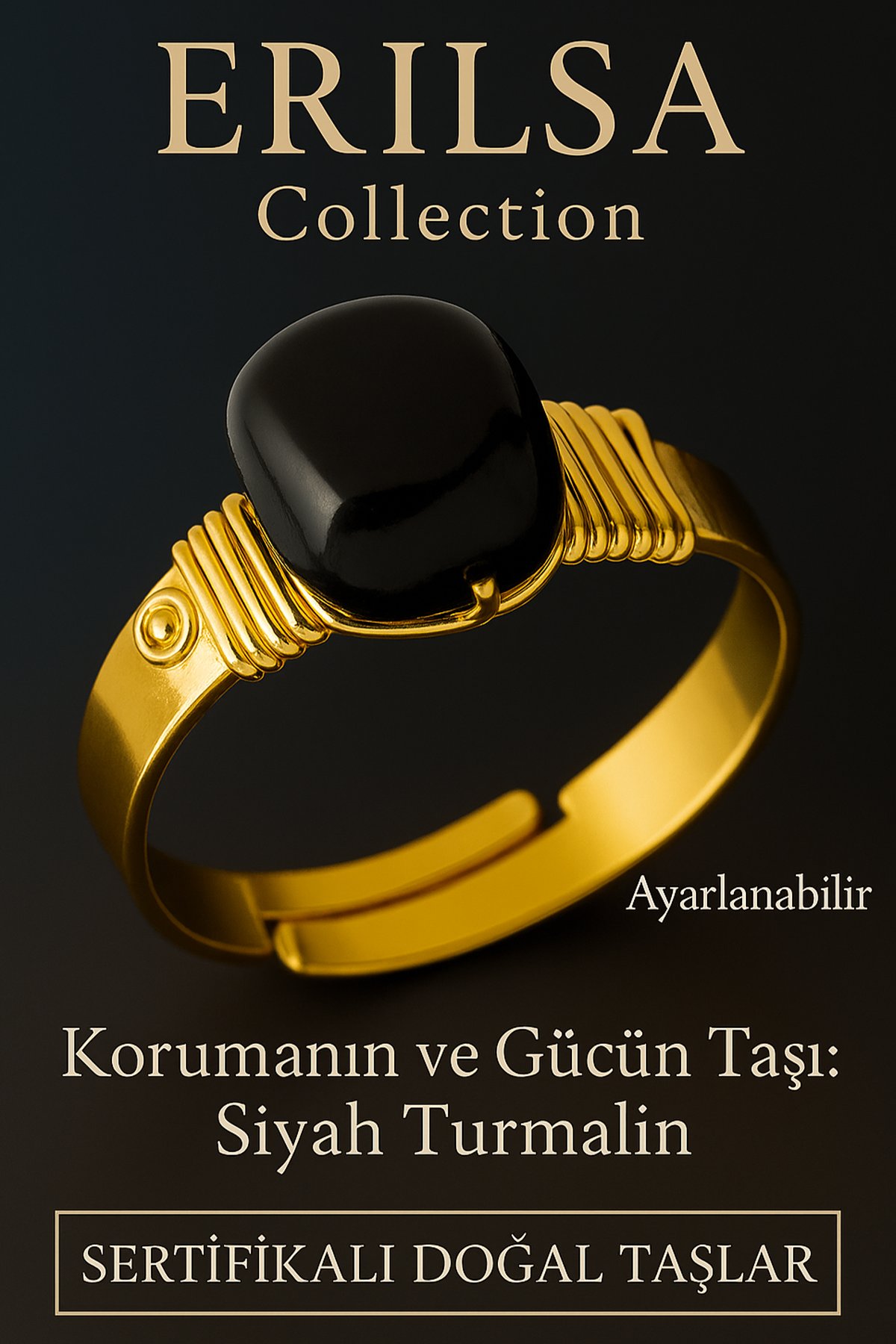 Sertifikalı Kalın Tımbıl Gold Model Siyah Turmalin Taşı Yüzük - Ayarlamalı