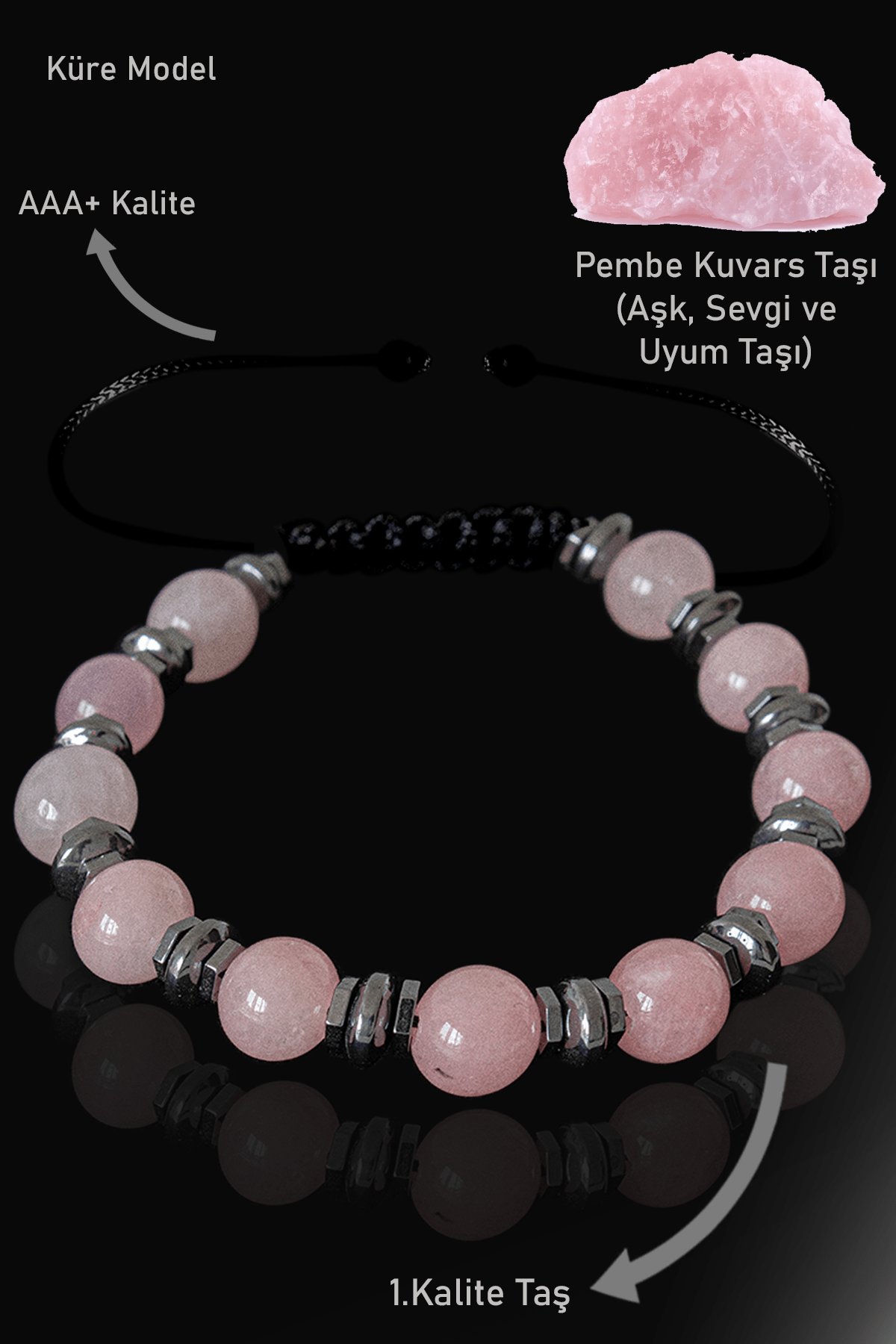 Sertifikalı Gerçek Hematit - Pembe Kuvars Taşı Bileklik