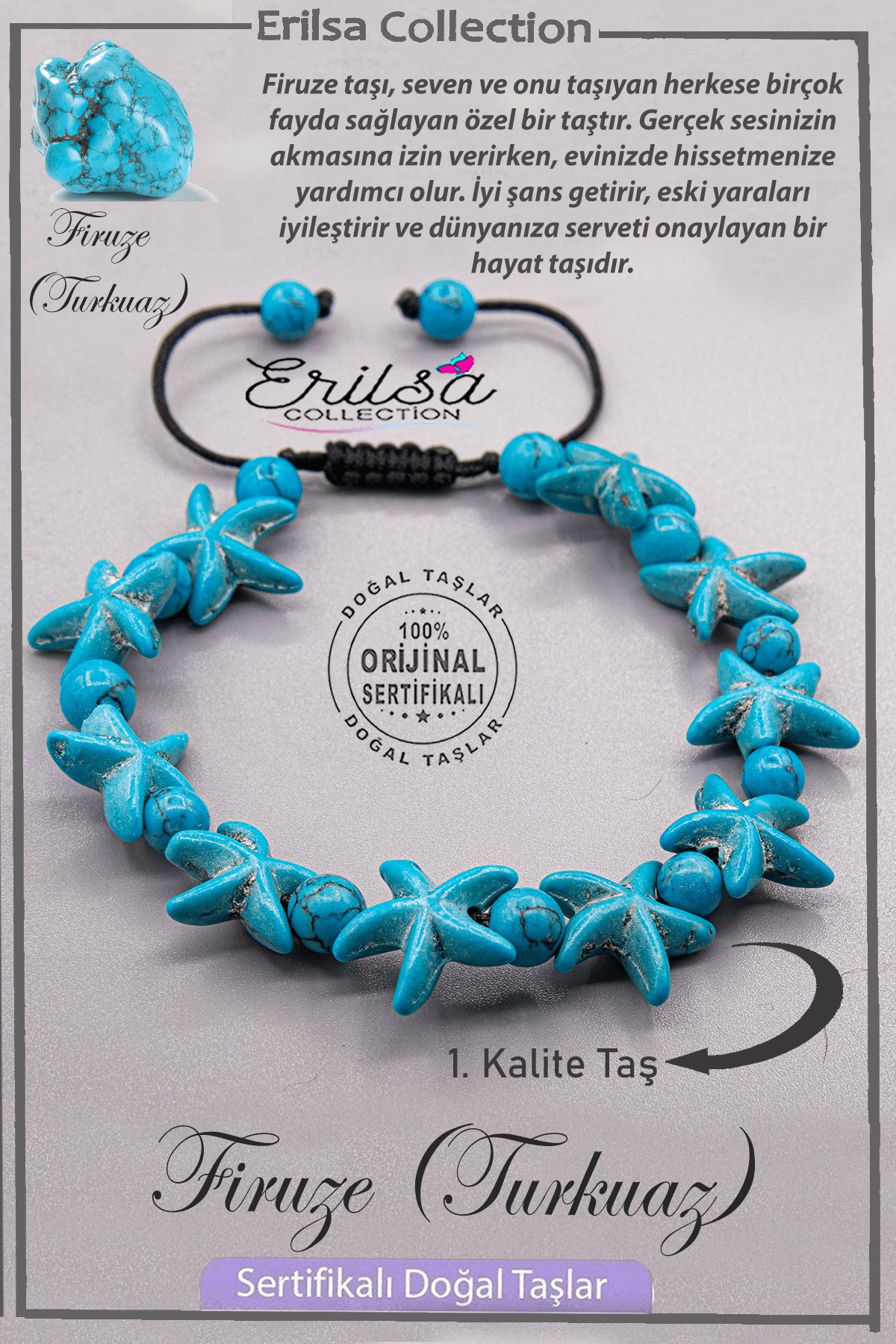 Sertifikalı Deniz Yıldızı Model AAA+ Kalite Firuze Taşı Bileklik (Turkuaz)