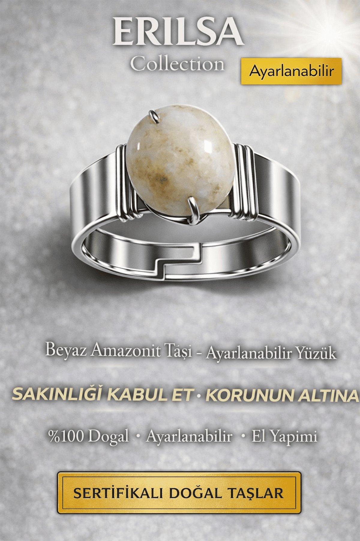 Sertifikalı Beyaz Amazonit Taşı Yüzük Doğal Taş Ayarlanabilir El Yapımı Şık Tasarım