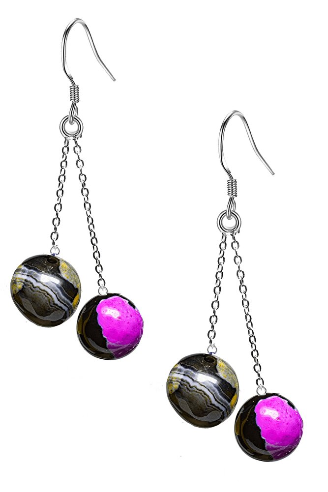 Sertifikalı Mix Renk Doğal Tibet Akik Taşı Gümüş Küpe