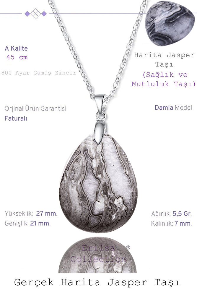 Sertifikalı Damla Model Desenli Harita Jasper Taşı Kolye (GÜMÜŞ APARATLI)
