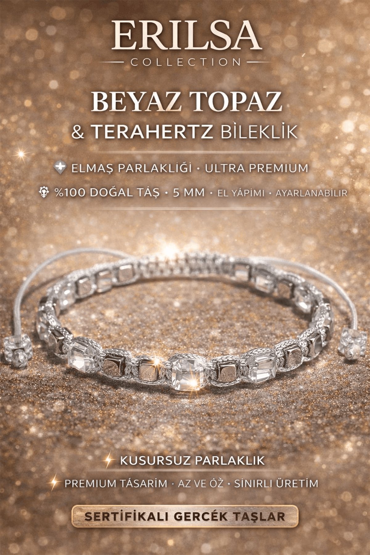 Sertifikalı Doğal Taş Beyaz Topaz Terahertz Bileklik - Küp Kesim Fasetli Parlak Premium Bileklik