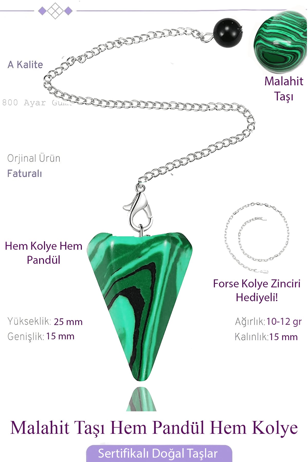 Sertifikalı Malahit - Malakit Taşı Pandül Sarkaç Hem Pandül - Hem Kolye