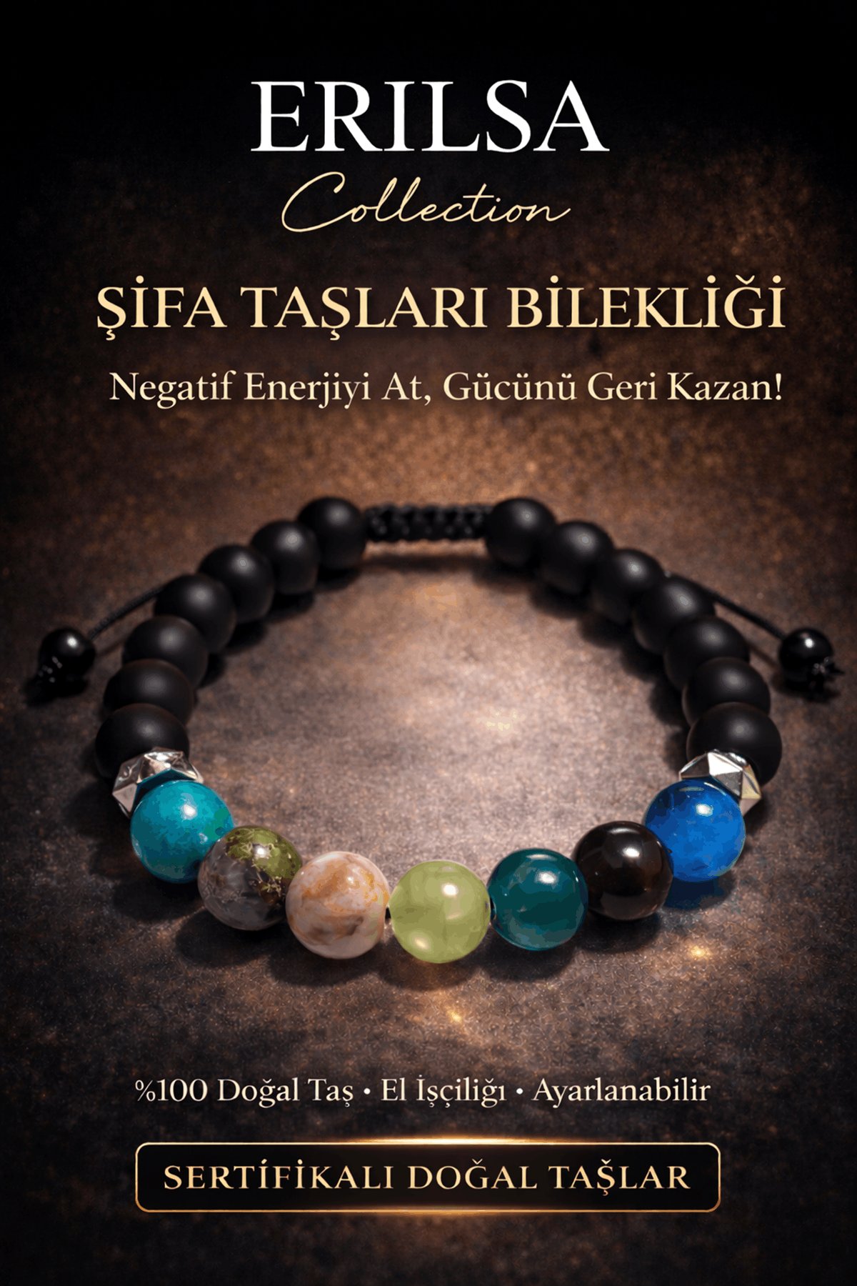 Sertifikalı Şifa Koruma Kalkan Bilekliği - Apatit - Dumanlı Kuvars Porselen Jasper Yeşim Akik Unakit