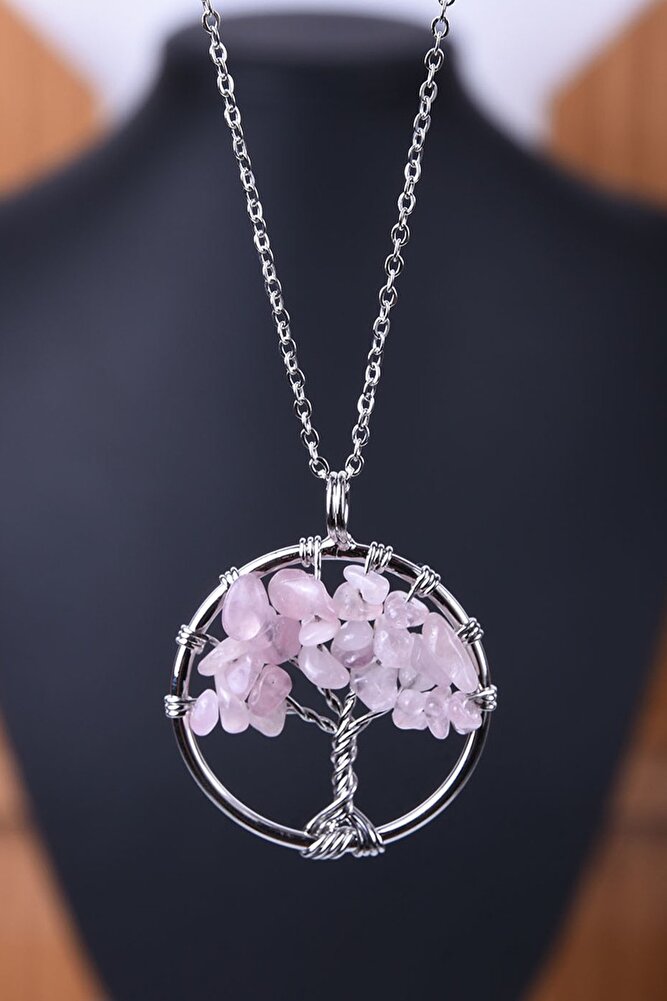 Sertifikalı Pembe Kuvars Taşı Hayat Ağacı Kolye
