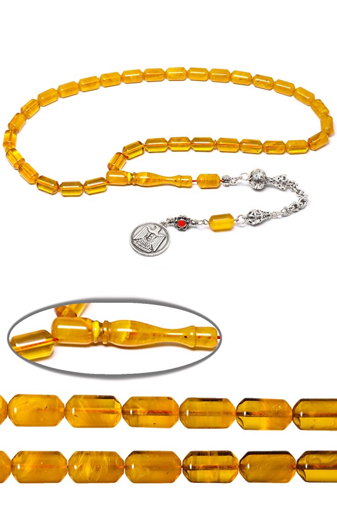 Sertifikalı Kral Püskül Sarı Şeffaf Renkli Hareli Sıkma Kehribar Tesbih