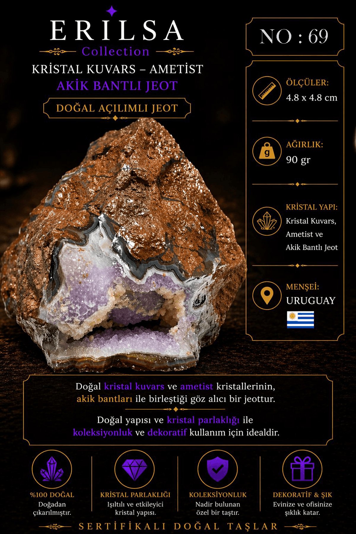 Sertifikalı Doğal Ametist Jeodu Akik Bantlı Kristal Kuvars Açılı Jeot Uruguay NO69