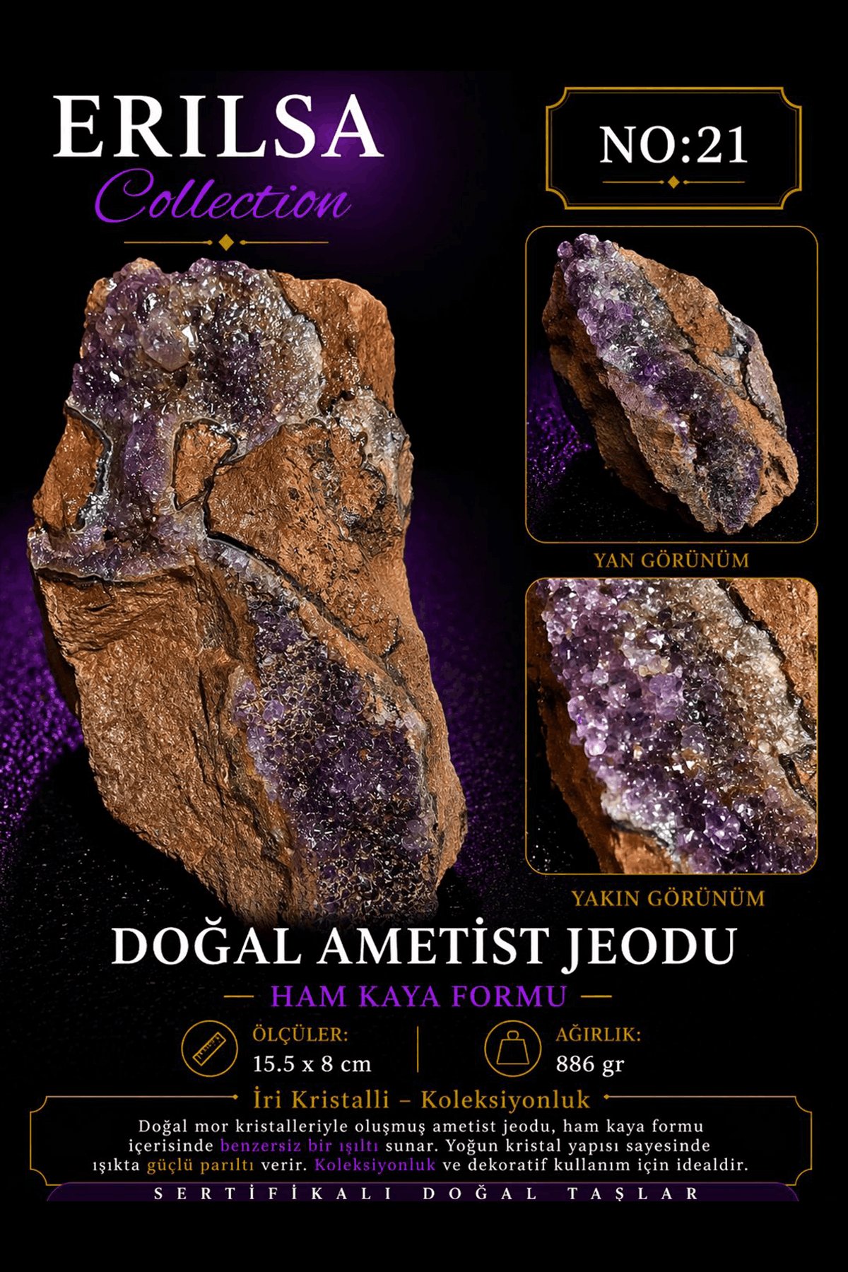 Sertifikalı Ametist Jeodu Taşı Kütle İri Kristal Ham Mor Ametist Dekoratif Koleksiyonluk Doğal Taş 