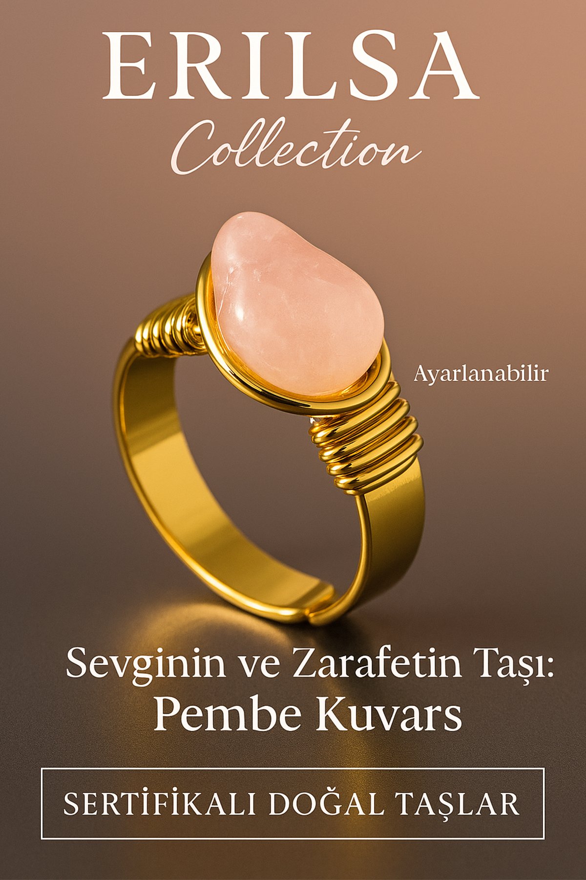 Sertifikalı Kalın Tımbıl Model Pembe Kuvars Taşı Yüzük - Ayarlamalı