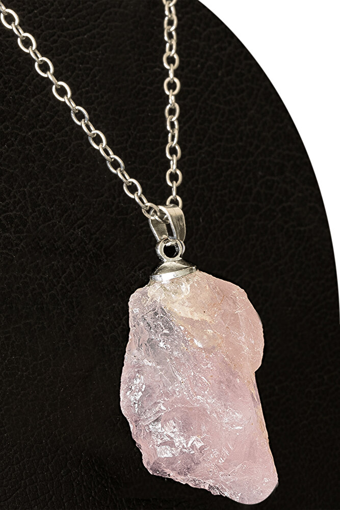Sertifikalı Ham İşlenmemiş Pembe Kuvars Taşı Kolye